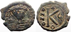 Ancient Coins - Maurice Tiberius AE22 half Follis. Constantinople. year 5