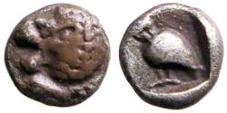 Ancient Coins - Ionia, Miletos AR5 Tetartemorion. Roaring Lion / Eagle within incuse square