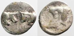 Ancient Coins - Caria, Uncertain mint. AR7 hemiobol. Bull / Bull's confronted
