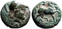 Ancient Coins - Thessaly, Thessalian League AE16 Dichalkon. Helmeted Athena / Horse trotting