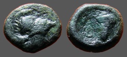 Ancient Coins - Lokris Opuntia, Æ15 Hd of Athena in crested Corinthian helmet / ΛOK-PΩN, grape cluster 