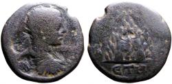 Ancient Coins - Severus Alexander AE25 Cappadocia, Caesarea. Mt Argaeus w. sacred grotto.  Galley countermark