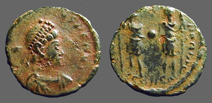 Ancient Coins - Honorius AE4.  Honorius & Theodosius II hold globe between them