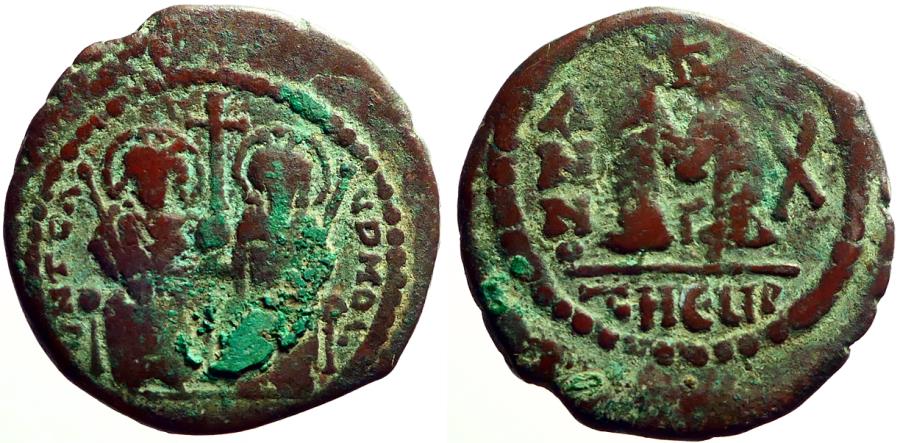 Ancient Coins - Justin II & Sophia AE28 Follis.  Antioch.  year 10