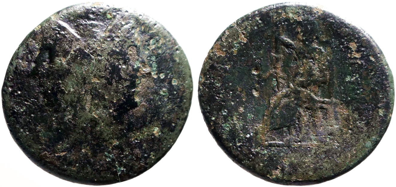 Bruttium, Rhegion AE27 Pentonkion. Janiform female head / Asklepios seated