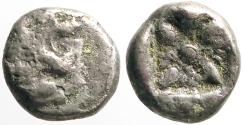 Ancient Coins - Ionia, Miletos AR9 diobol. Lion / incuse Stellate pattern