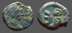 Ancient Coins - Justin I AE10 pentanummium, Tyche on Antioch seated in shrine 