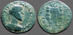 Ancient Coins - Volusian Æ23 Pisidia, Antioch. Legionary eagle between two standards.
