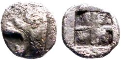 Ancient Coins - Thraco-Macedonian AR7 Hemiobol.  head of roaring lion / Quadripartite incuse square