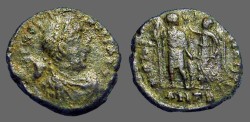 Ancient Coins - Arcadius AE3 (17mm) Victory holds wreath over Arcadius.  Antioch. 