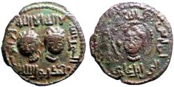 Ancient Coins - Artuqids of Mardin AE32 Dirham.  2 Male Heads Facing / Head w. curly hair