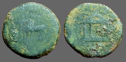 Ancient Coins - Tiberius AE20 Spain. Tetrastyle Temple / Quadriga left