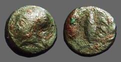 Ancient Coins - Aeolis, Alaia, AE11 Head of Athena left. / EL - Corn grain within wreath.