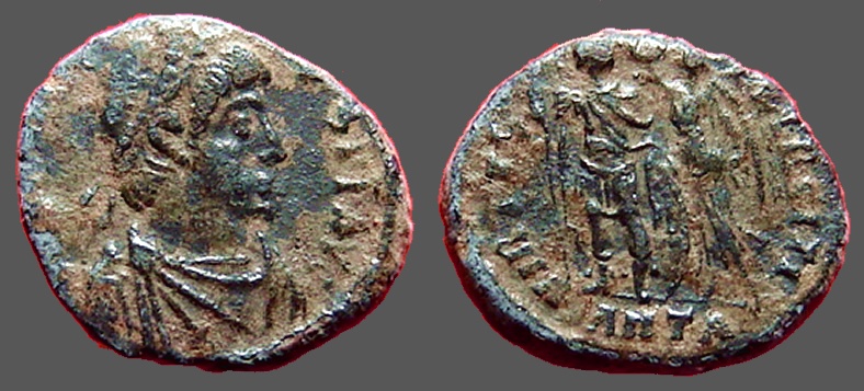 Ancient Coins - Arcadius AE3 (17mm) Victory holds wreath over Arcadius.  Antioch, Turkey 