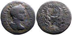 Ancient Coins - Elagabalus AE26 Mysia, Cyzicus. lit torches entwined by serpents