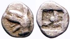 Ancient Coins - Ionia, Teos AR5 Tetartemorion.  left facing Griffin / Incuse square w. pellet