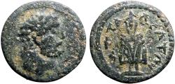 Ancient Coins - Lydia, Acrasus AE14. bearded Herakles / Telesphorus