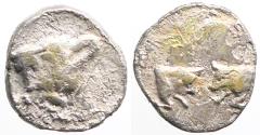 Ancient Coins - Caria, Uncertain mint. AR8 hemiobol. Bull / Bull's confronted