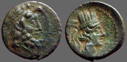 Ancient Coins - Zeus & turreted Tyche w. flowing veil AE19