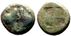 Ancient Coins - Lesbos, Mytilene AR/AE9 Obol. Confronting boar heads / Incuse