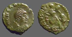 Ancient Coins - Arcadius AE4 Victory dragging captive.  Constantinople. Chi-Rho