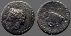 Ancient Coins - Ionia, Magnesia ad Maeandrum AE19 Apollo / Bull w. maeander pattern