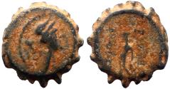 Ancient Coins - Seleukid Kingdom. Demetrios I Soter AE13 Serrate. Artemis / Apollo leans on bow