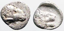 Ancient Coins - Caria, uncertain mint AR6 Tetartemorion.  Ram / Lion