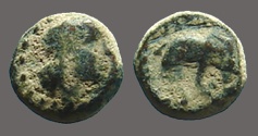 Ancient Coins - Antiochos III AE8 Hd of Apollo rt. / Elephant stg. rt.   SNG Spaer 615.  223-187 BC. 