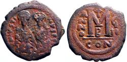 Ancient Coins - Justin II and Sophia  AE30 Follis. Constantinople.  year 7