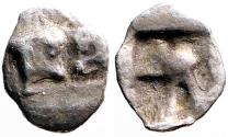 Ancient Coins - Caria AR7 Tetartemorion. confronted bulls / Incuse square w. bull