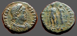 Ancient Coins - Arcadius AE3  Victory holds wreath over Arcadius.  Antioch, Turkey
