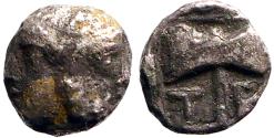 Ancient Coins - Islands of Troas, Tenedos AR7 Hemiobol. Janiform head / Labrys within incuse