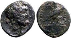 Ancient Coins - Phrygia, Amorium AE20 Zeus w. countermark / Eagle on thunderbolt & kerykeion over shoulder