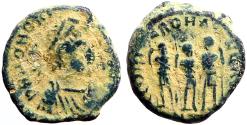 Ancient Coins - Honorius AE14 Arcadius, Honorius and Theodosius standing facing. Antioch