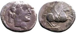 Ancient Coins - Q. Titius AR denarius.  Liber / Pegasus springing right