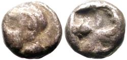 Ancient Coins - Ionia, Phokaia. AR9 Diobol. Archaic Athena / quadripartite incuse