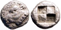 Ancient Coins - Gaul, Massalia AR9 Diobol.  Cow / quadra-partite incuse square