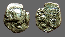 Ancient Coins - Kyzikos, Mysia. AR8 Silver hemiobol.  Boar, tunny fish / Roaring Lion, star 