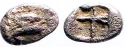 Ancient Coins - Teos, Ionia. AR7 Tetartemorion. Griffin / Incuse square