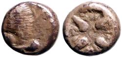 Ancient Coins - Ionia, Miletos AR9 diobol. Lion / incuse Stellate pattern