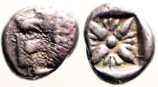 Ancient Coins - Ionia, Miletos AR10 diobol. Lion / incuse Stellate pattern