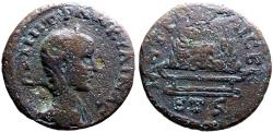 Ancient Coins - Tranquillina AE26 Cappadocia, Caesarea. Agalma of Mt. Argaeus on altar