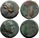 Ancient Coins - 2 coins of Metapontion AE16 Obol Hd of Herakles in lionskin / Ear of Corn