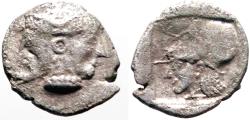 Ancient Coins - Mysia, Lampsakos AR10 Obol. Janiform female / Helmeted Athena