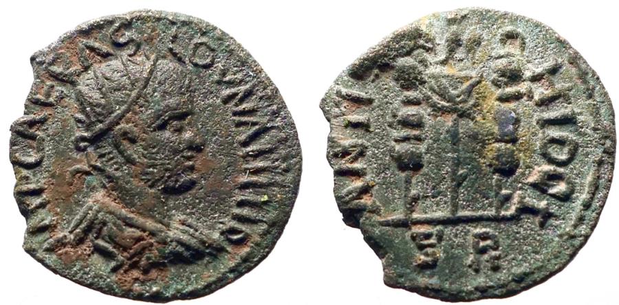 Ancient Coins - Volusian AE21 Pisidia, Antioch. Legionary eagle between two standards.