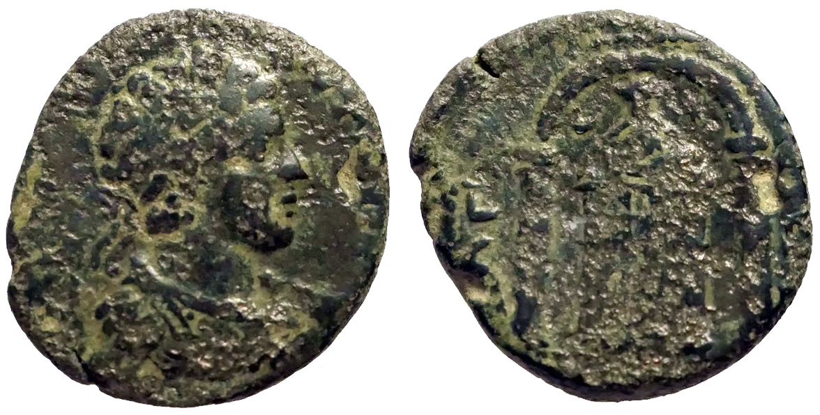Caracalla AE23 Pisidia, Pogla. distle temple w. cult statue of