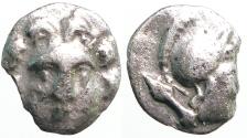 Ancient Coins - Selge, Pisidia AR10 Obol. Gorgoneion / Athena in helmet