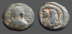 Ancient Coins - Justin I & Justinian I AE11 Pentanummium Tyche of Antioch in temple.   