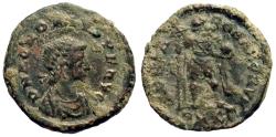 Ancient Coins - Honorius AE21 Follis.  Honorius holds labarum & orb